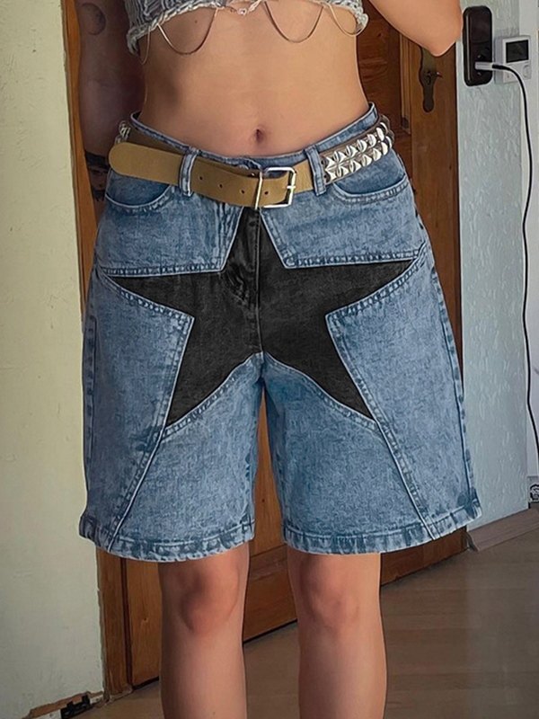 Denim Shorts With Five-pointed Star