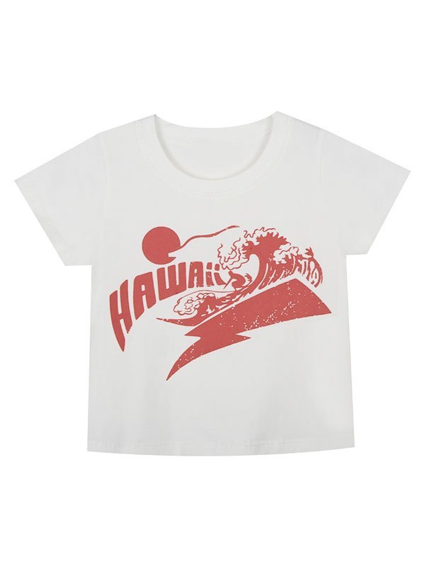 White Printed Crop Top T-shirt With Hawaii Scene