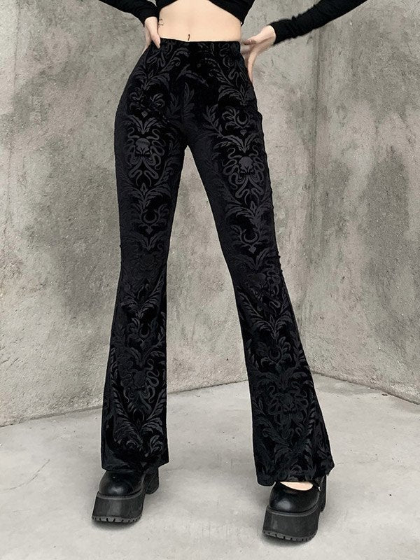 Black Embossed Velour Flare Pants