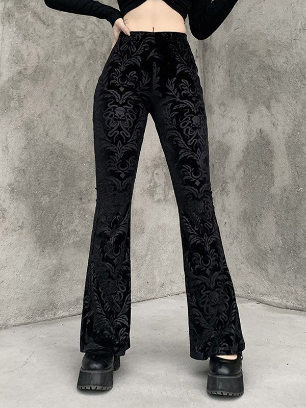 Black Embossed Velour Flare Pants