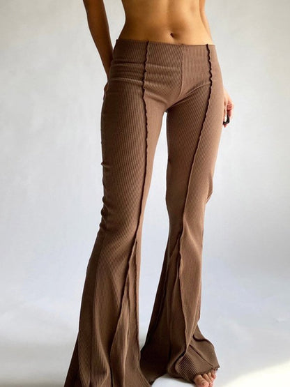 Brown Flare Leg Pants With Stitched Detail
