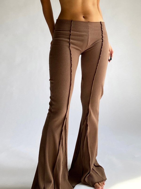 Brown Flare Leg Pants With Stitched Detail