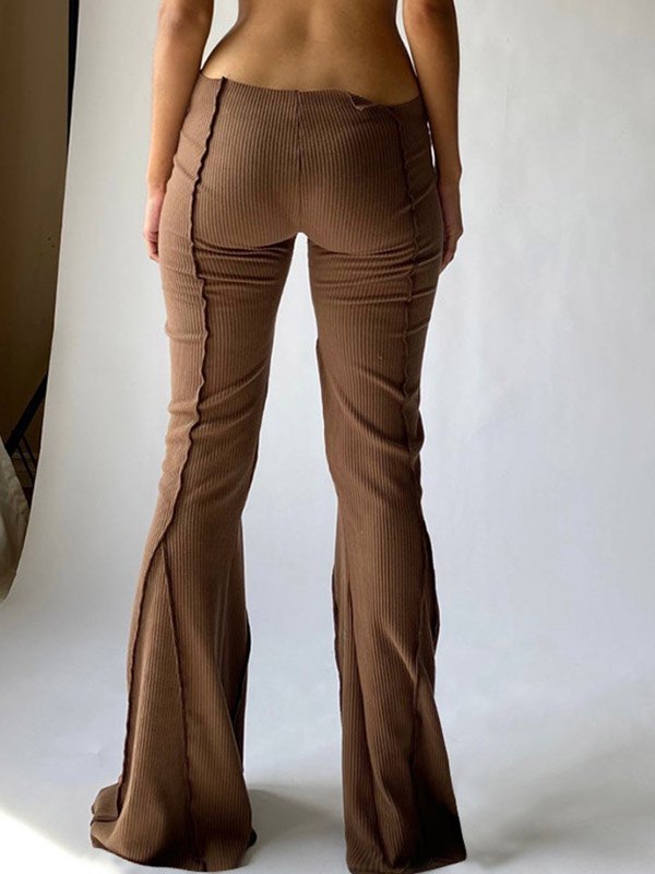 Brown Flare Leg Pants With Stitched Detail