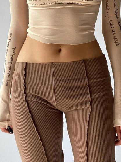 Brown Flare Leg Pants With Stitched Detail