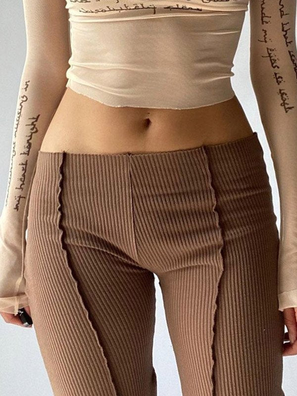 Brown Flare Leg Pants With Stitched Detail