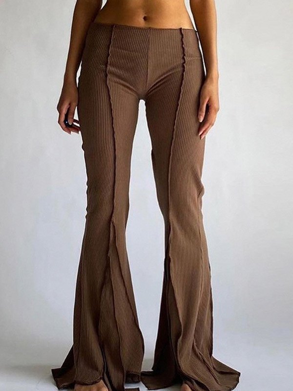 Brown Flare Leg Pants With Stitched Detail