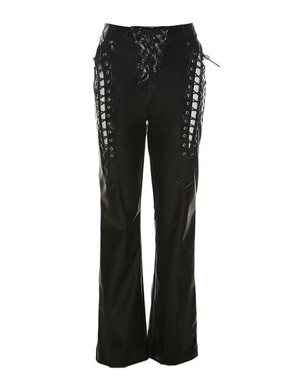 Black Pu Leather Pants With Cutout Detail