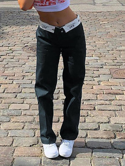 Dark Blue Straight Leg Pants With Foldable Waist Design