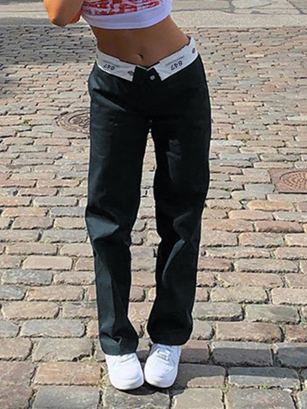 Dark Blue Straight Leg Pants With Foldable Waist Design