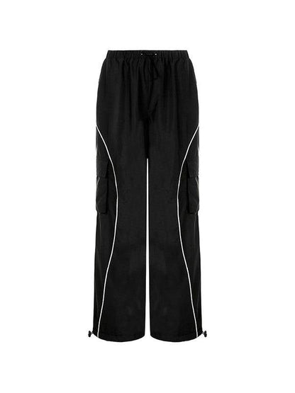 Black Parachute Pants With Cargo Pockets and Piping Detail