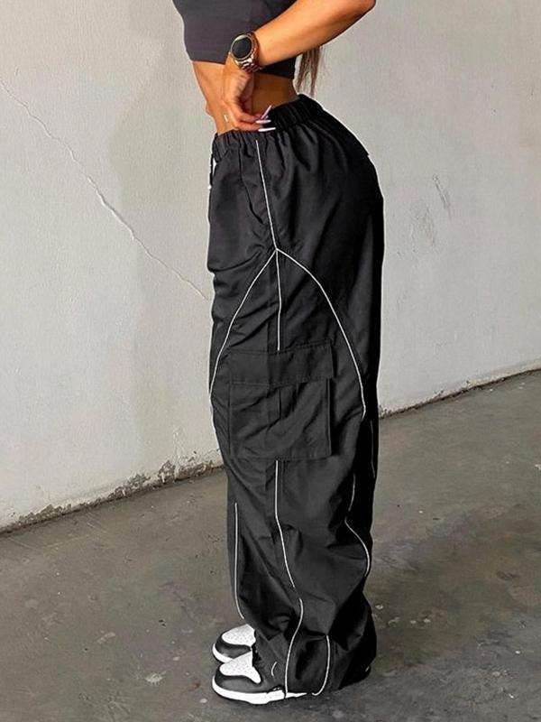 Black Parachute Pants With Cargo Pockets and Piping Detail