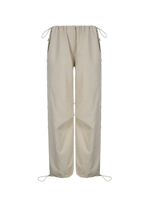 Beige Baggy Parachute Cargo Pants With Drawstring