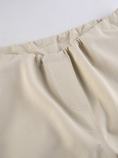 Beige Baggy Parachute Cargo Pants With Drawstring