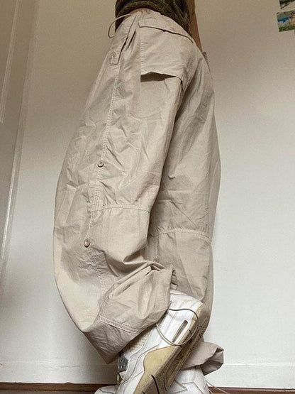 Beige Baggy Parachute Cargo Pants With Drawstring