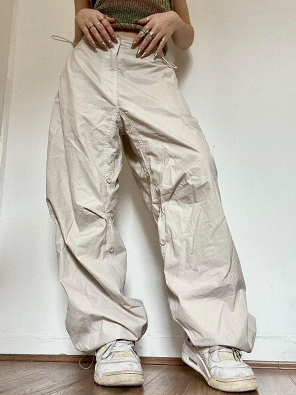 Beige Baggy Parachute Cargo Pants With Drawstring