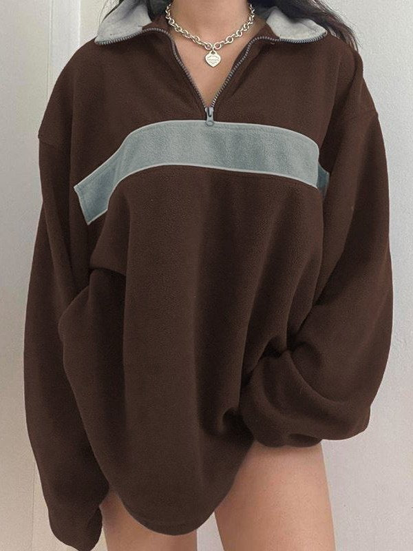 Brown Retro Sport Fleece Sweatshirt With Patchwork and Zip