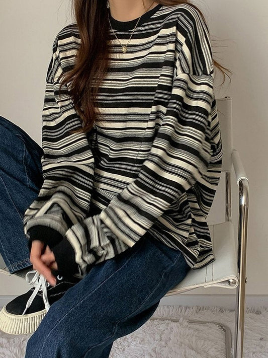 Round Neck Oversized Sweater With Stripes