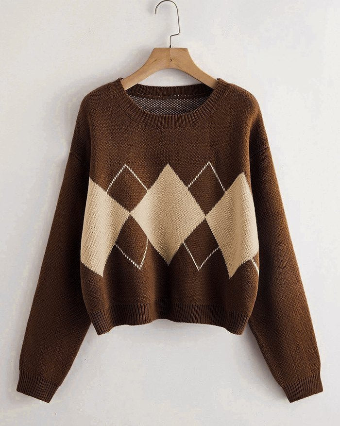 Brown Argyle Basic Sweater