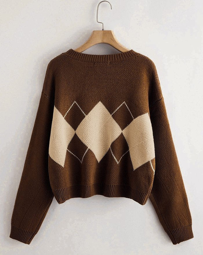 Brown Argyle Basic Sweater