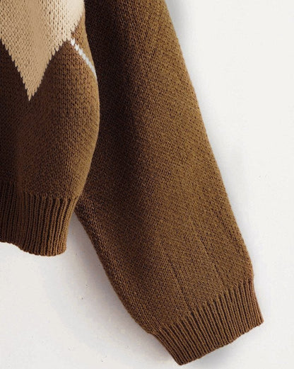 Brown Argyle Basic Sweater