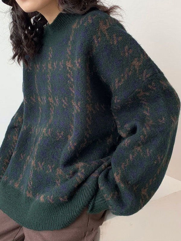 Green Knit Sweater With Plaid Pattern