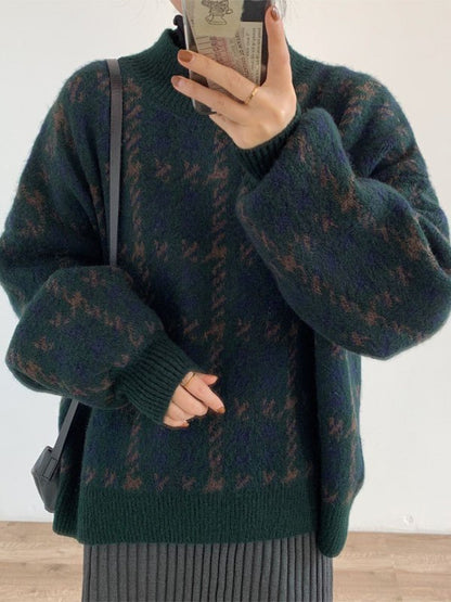 Green Knit Sweater With Plaid Pattern