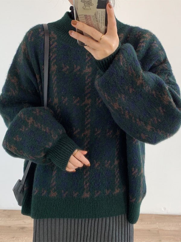 Green Knit Sweater With Plaid Pattern