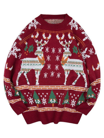 Crew Neck Sweater With Christmas Deer Print