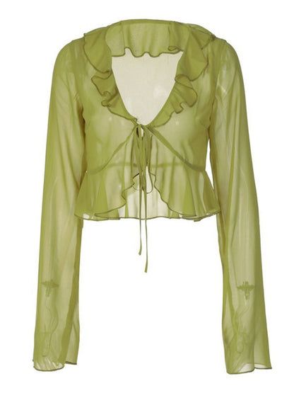 Green Sheer Mesh Long Sleeve Crop Blouse With Ruffle