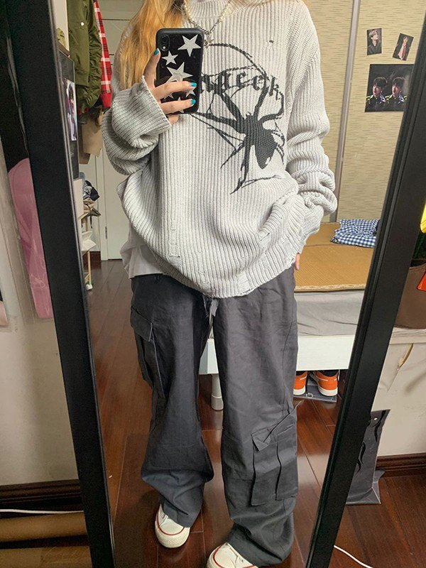 Grey Punk Ribbed Knit Sweater With Printed Spider
