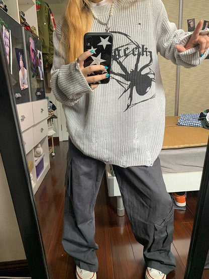 Grey Punk Ribbed Knit Sweater With Printed Spider