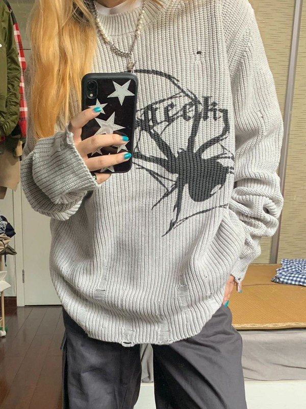 Grey Punk Ribbed Knit Sweater With Printed Spider