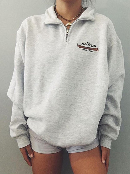 Grey Retro Sport Zip-up Sweatshirt With Printed Slogan