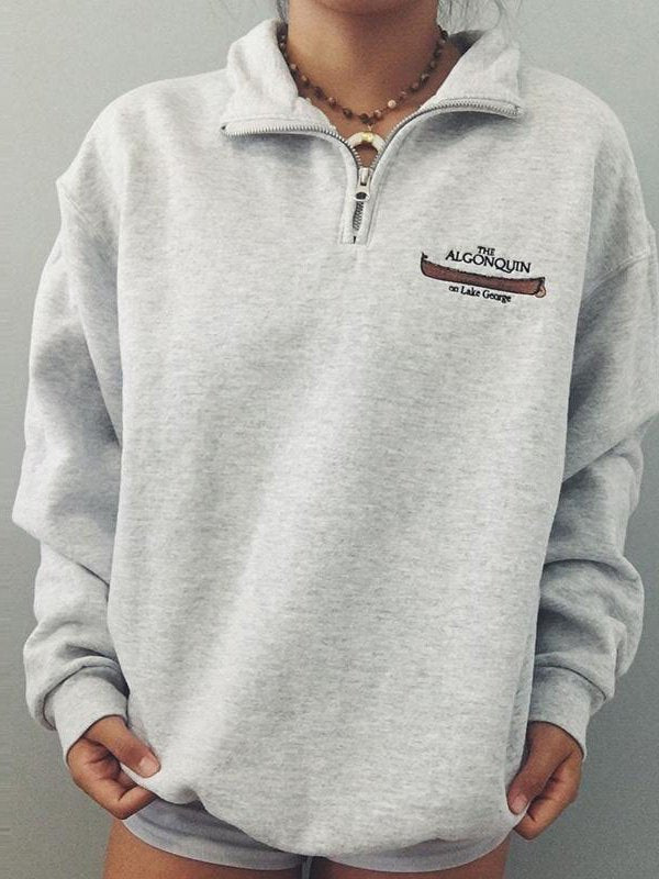Grey Retro Sport Zip-up Sweatshirt With Printed Slogan