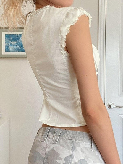 White Strap Slim Short Sleeve Blouse