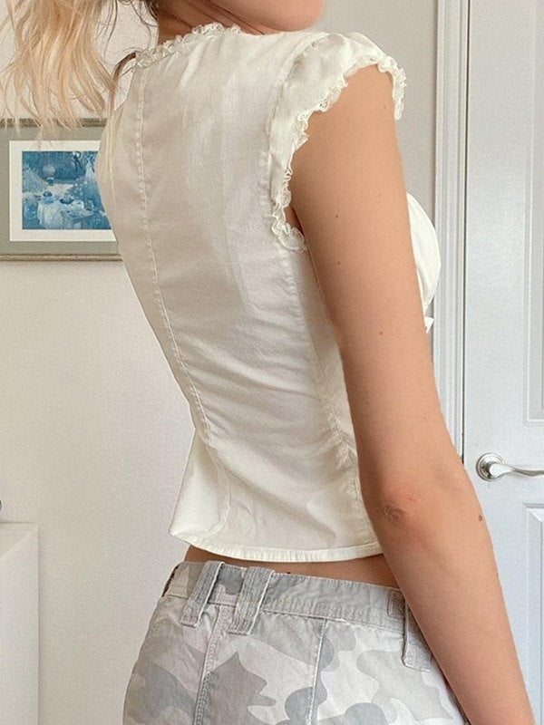 White Strap Slim Short Sleeve Blouse