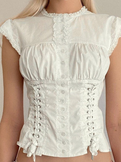 White Strap Slim Short Sleeve Blouse