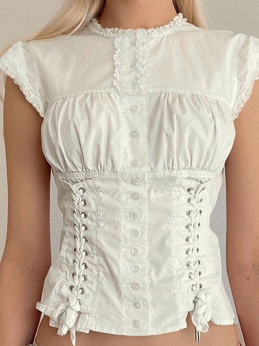 White Strap Slim Short Sleeve Blouse