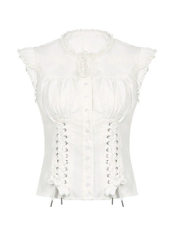 White Strap Slim Short Sleeve Blouse