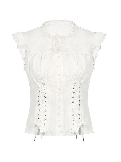 White Strap Slim Short Sleeve Blouse