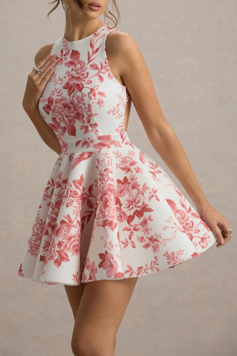Pink Porcelain Print Racer-neck Sleeveless Skater Mini Dress