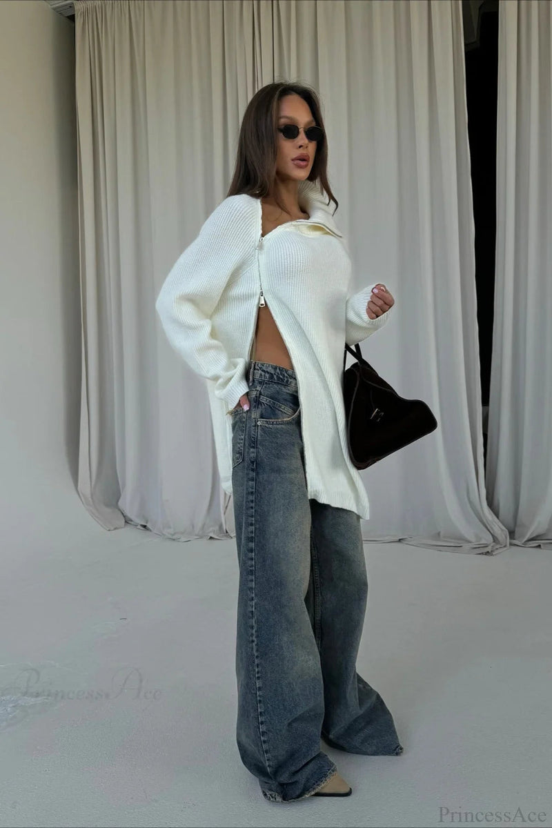Irregular Zip High Neck Mid-length Loose Sweater