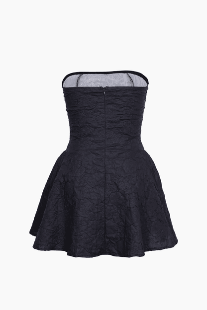Black Jacquard Fitted Ruffle Hem Strapless Mini Dress
