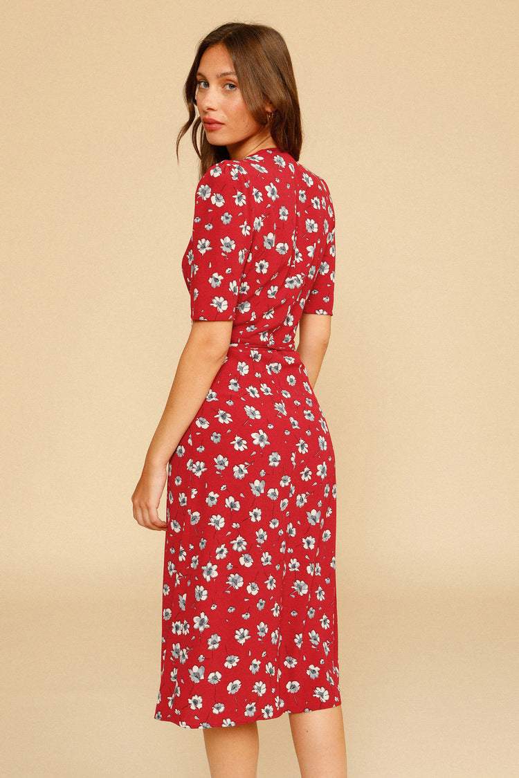 V-neck Mid Sleeve Midi Dress