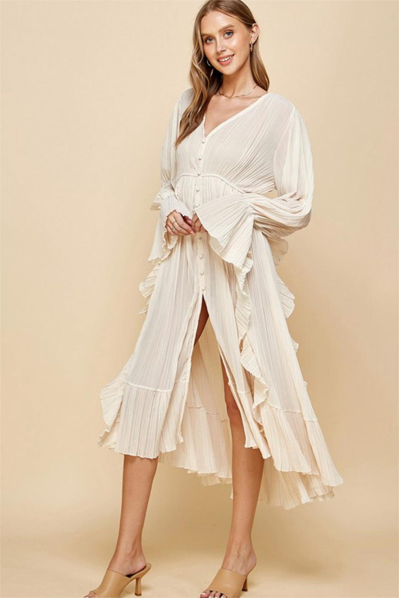 Ruched Single Breasted Ruffle Midi Dress