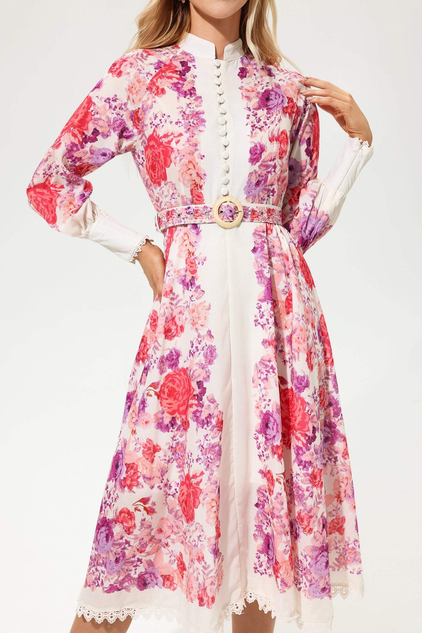 Long Sleeve Buttoned Belted Midi Dress Red