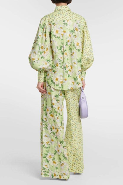 Long Sleeve Shirt Collar Top & High Waist Pants Set