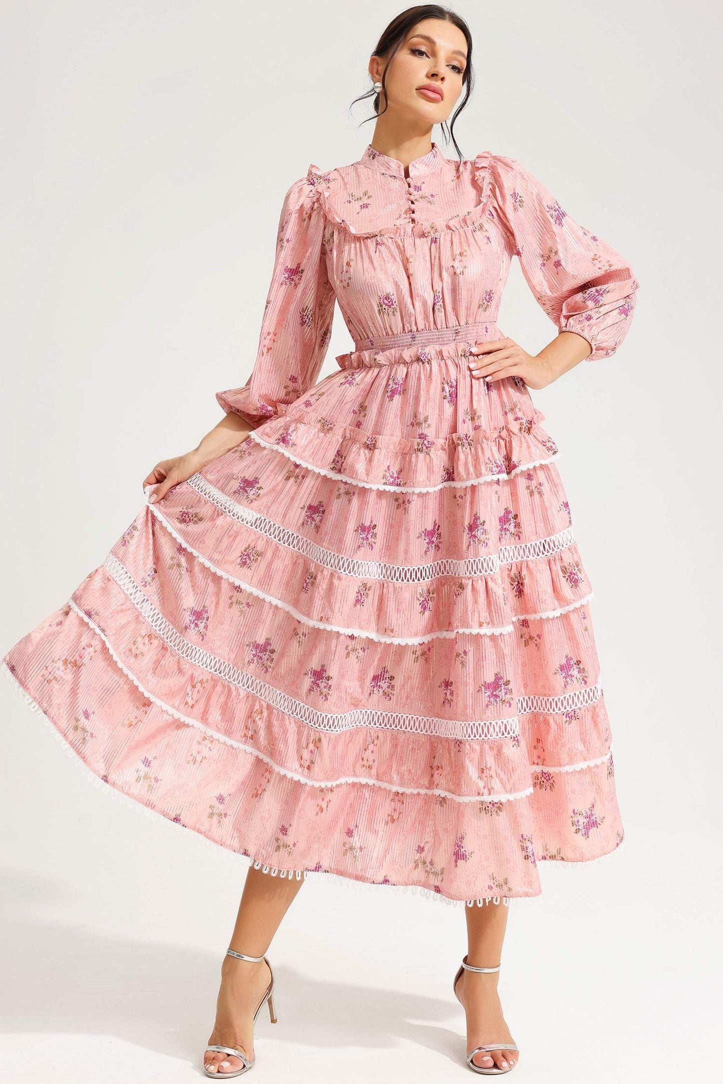 Lantern Sleeve Buckle Midi Dress Pink
