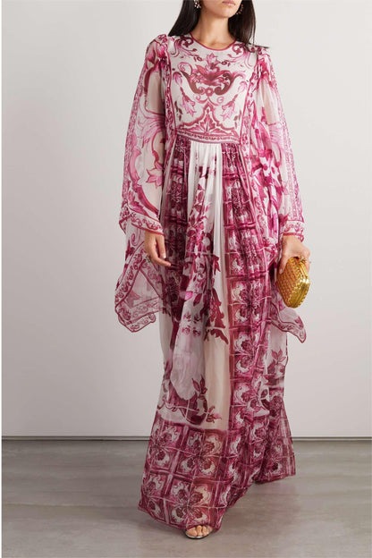 Paisley Round Neck Ball Sleeve Midi Dress