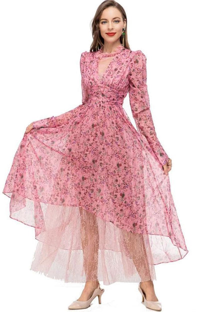 Long Round Collar Lace Waist Midi Dress